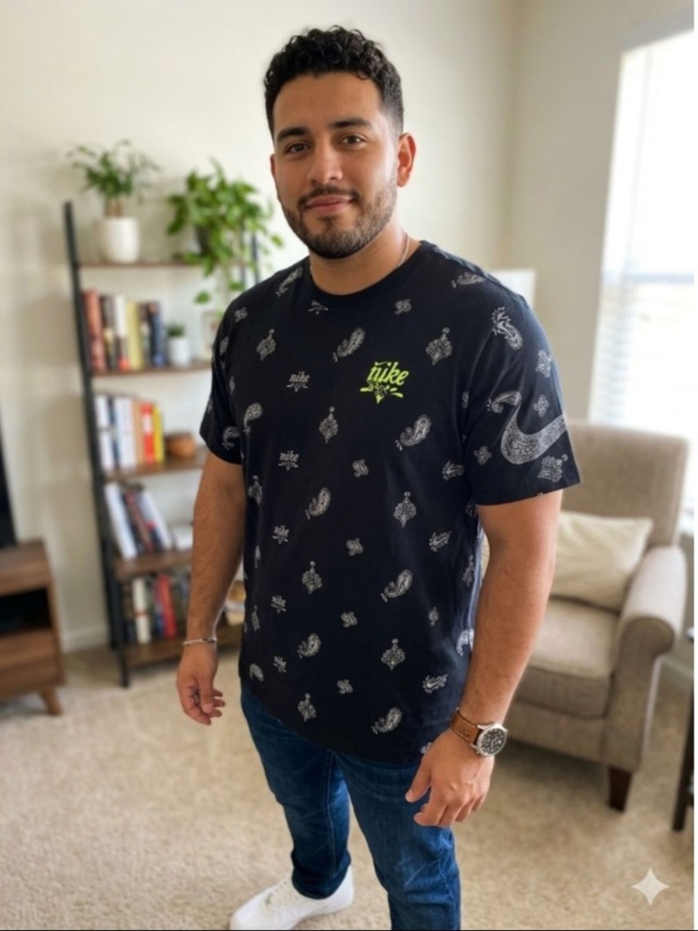 Nike Black Paisley Logo Short Sleeve Tee with Neon Accent. Size L